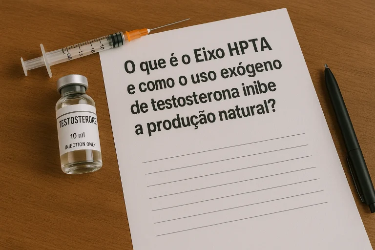 Diagrama médico ilustrando o funcionamento do Eixo HPTA (Hipotálamo-Pituitária-Testicular) e o mecanismo de feedback negativo da testosterona.