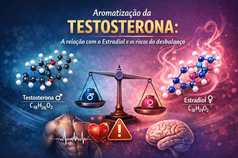 Ilustração médica demonstrando o processo de aromatização da testosterona no corpo humano.